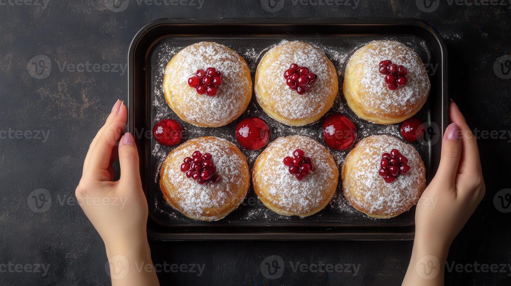 A beautifully arranged tray of pastries dusted with powdered sugar and fresh raspberries for a luxurious dessert photo