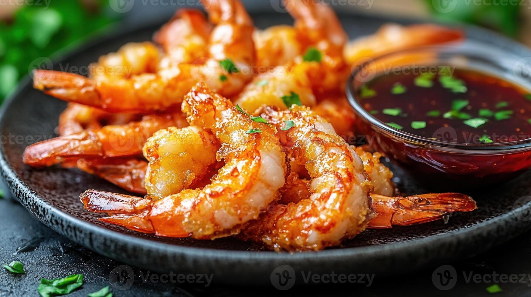 Delectable plate of fresh shrimp accompanied by zesty dipping sauce for a perfect seafood snack or meal photo