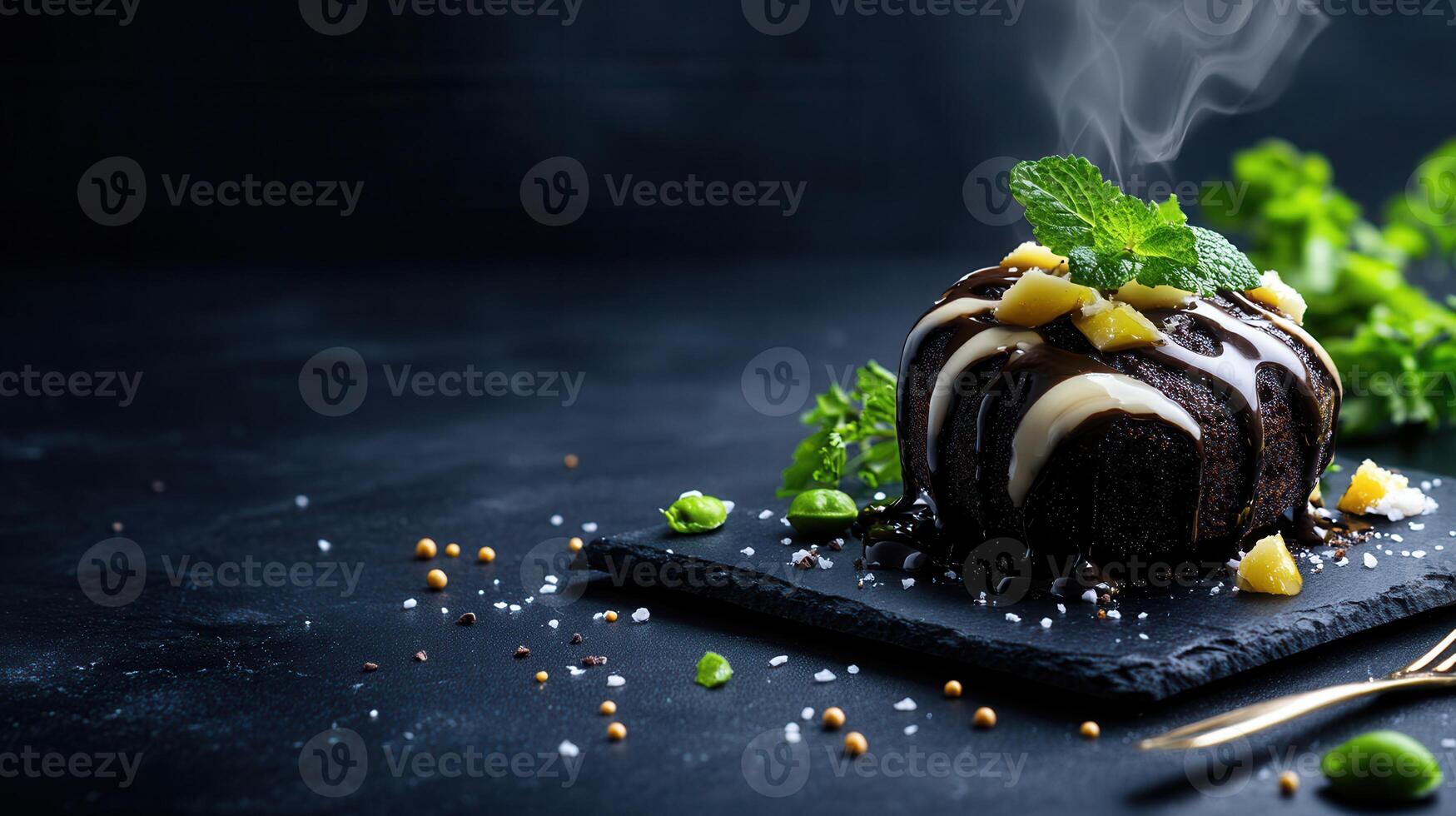 Mysteriously appealing dessert with whimsical smoke rising from it, creating an intriguing and unique dining experience photo