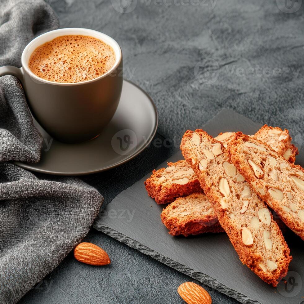 A fresh cup of coffee paired with a handful of crunchy almonds for a healthy and energizing snack option photo