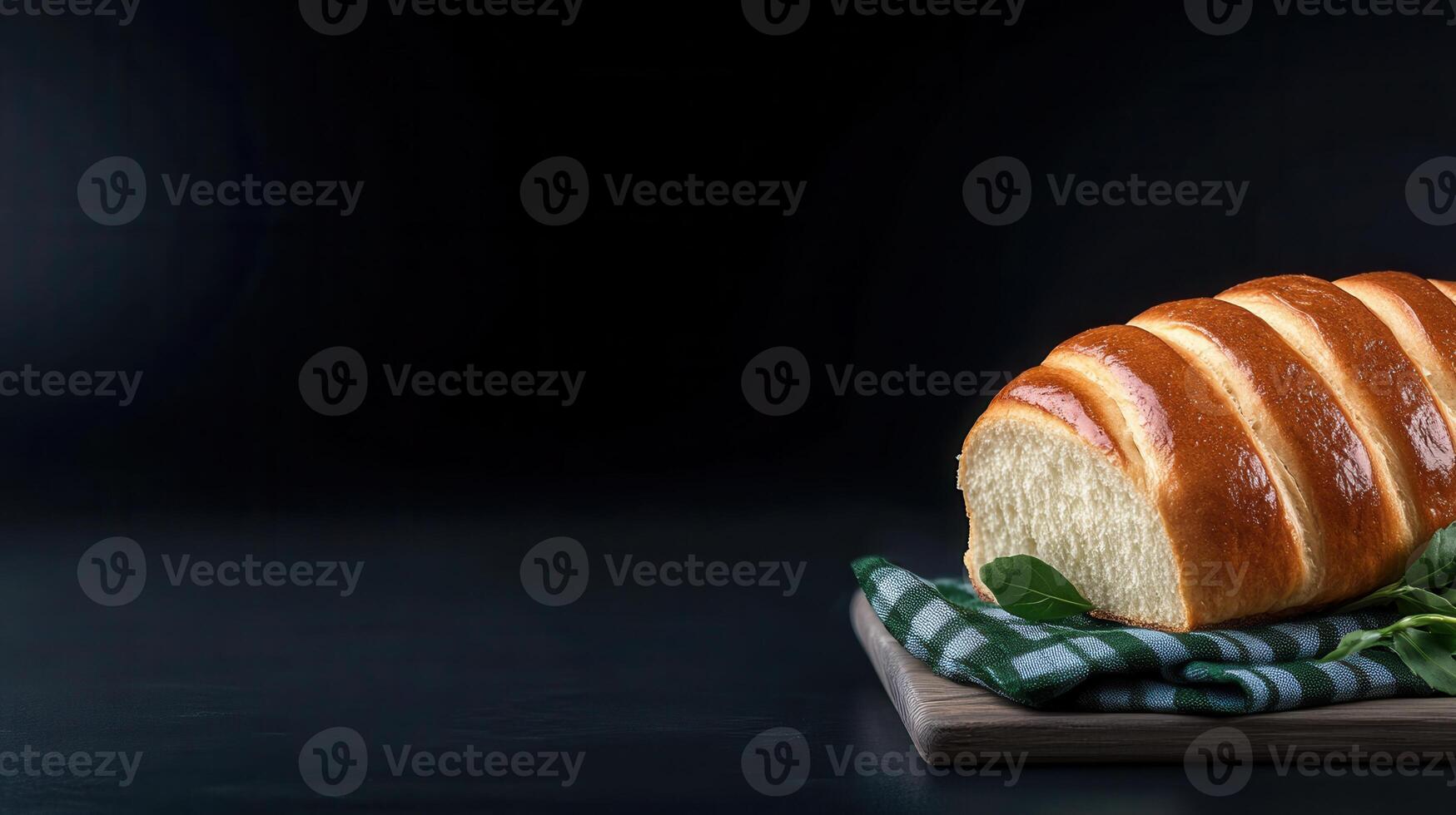 Artisan loaf of bread displayed on a charming wooden board surrounded by fresh ingredients and kitchen utensils photo