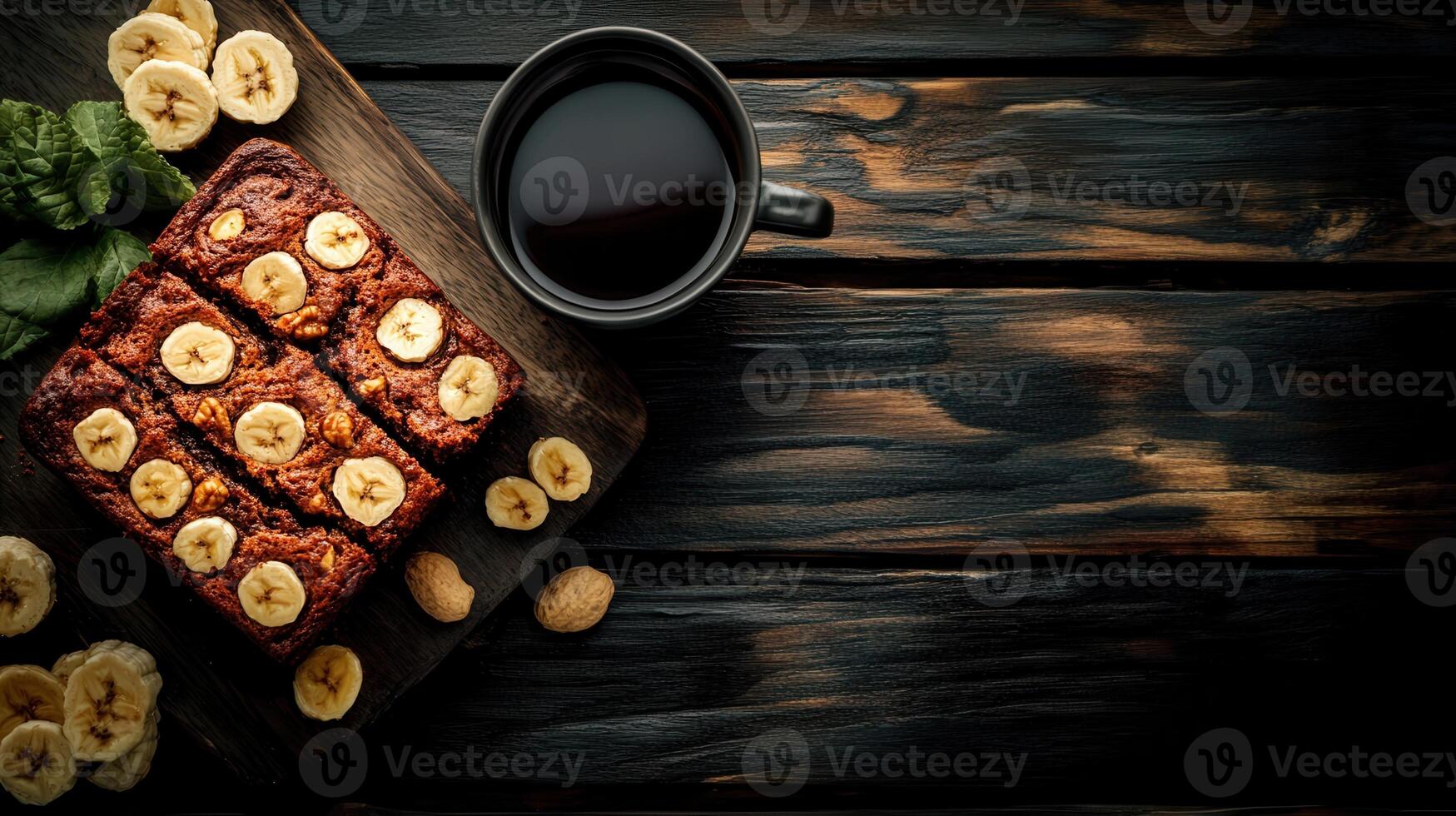Rich banana and chocolate brownie served on a rustic wooden surface perfect for indulging in a decadent dessert experience photo