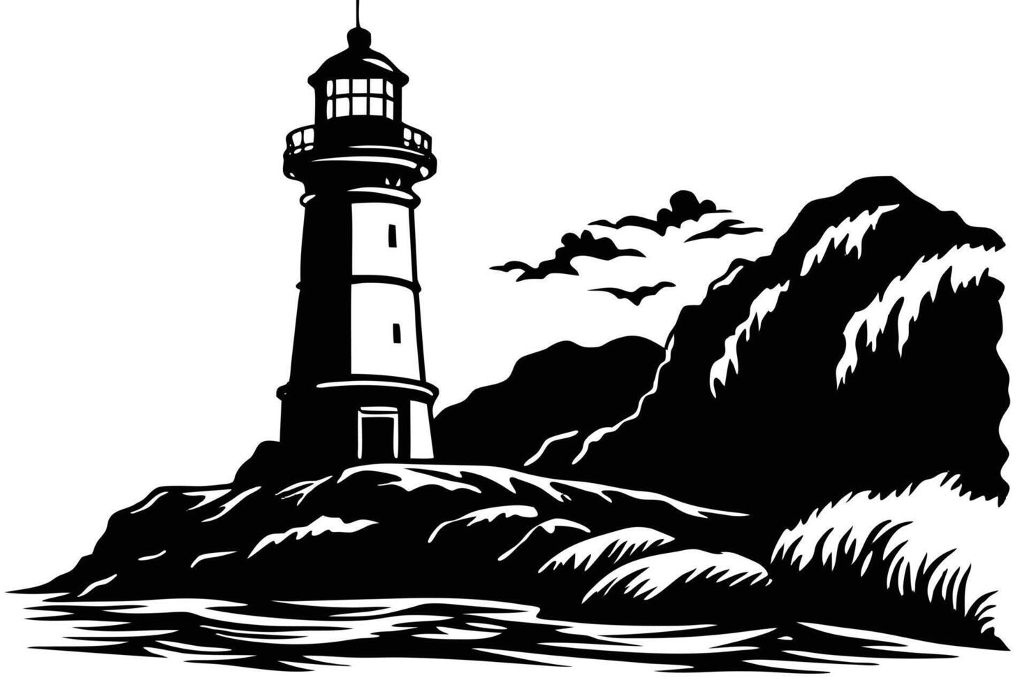 A silhouette of a lighthouse on a rocky coastline. vector