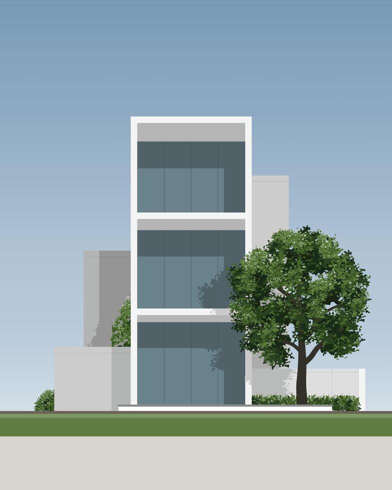 Abstract 3D building. house exterior in minimal style with green tree. Architecture schematic design concept for construction. illustration. vector