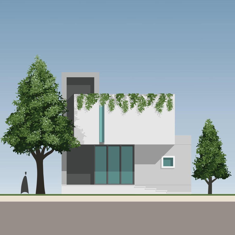 Modern house 3D illustration. house exterior in minimal style with green tree. Architecture schematic design concept for construction. vector