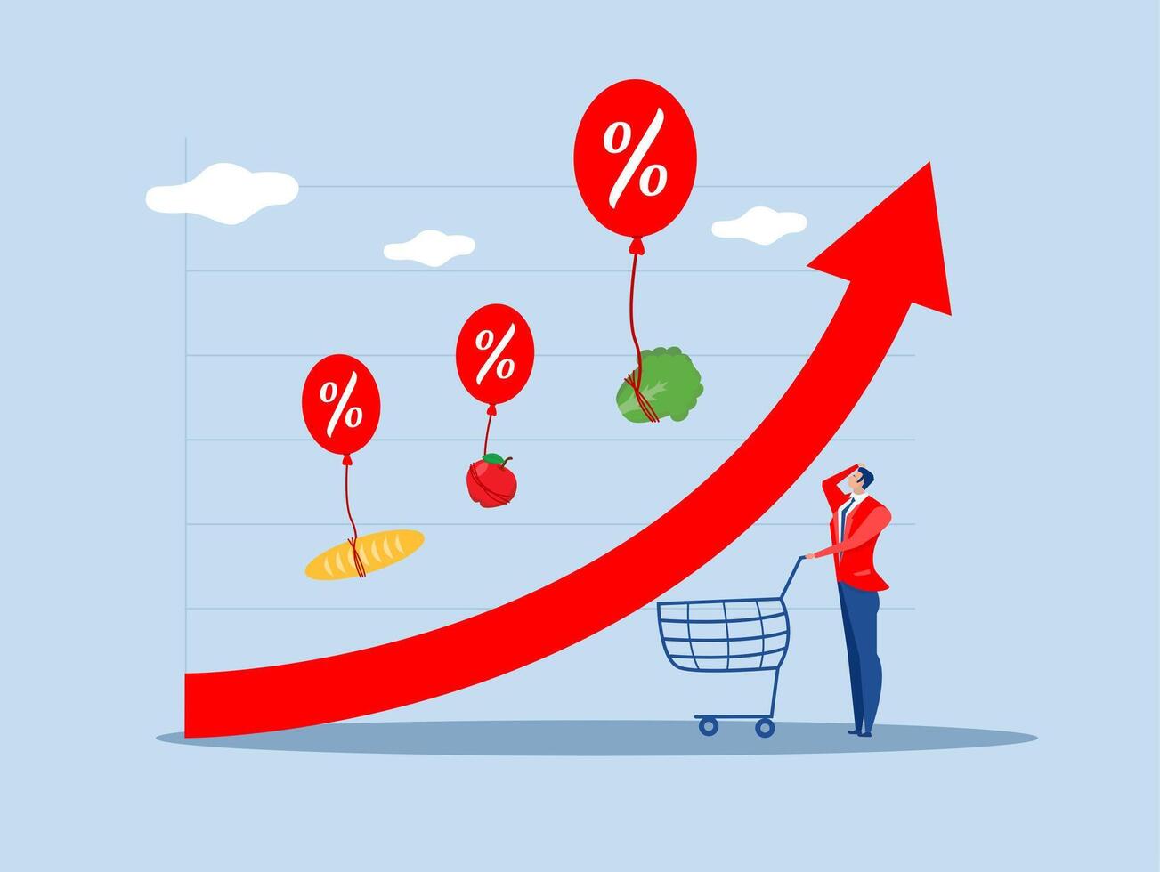 Inflation rises due to growth in monetary value. Food price inflation.impact on economic growth.consumer goods float in hot air balloons. illustration. vector