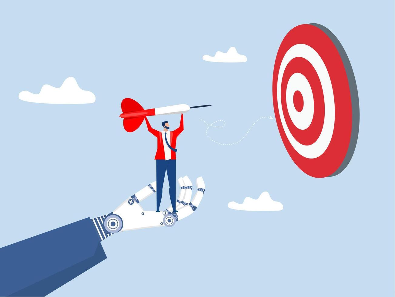 Target achievement,Giant Hand robot support with businessman leader holding dart standing from rising graph arrow and focus to bullseye target to win in business strategy vector