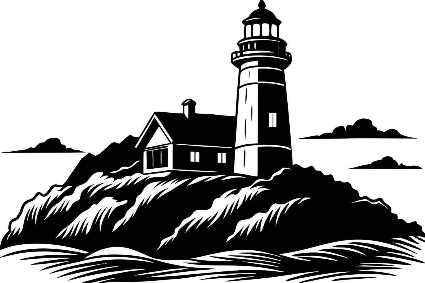 Silhouette of a lighthouse on a rocky coastline. vector