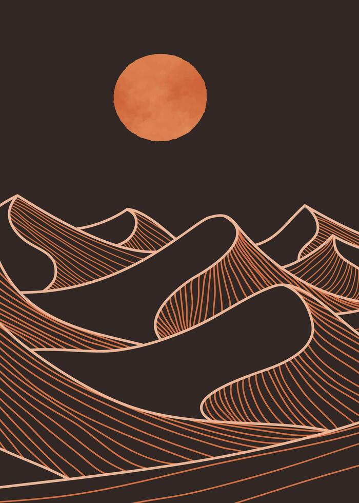 Hand drawn desert illustration sketch with line art print. Abstract contemporary aesthetic background landscape. use for print art, poster, banner, template vector