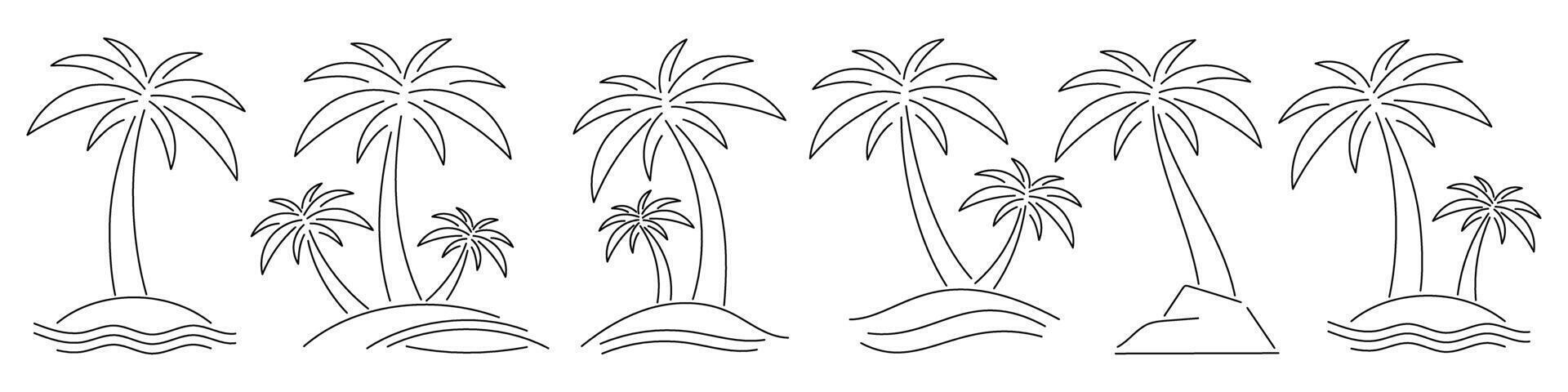 Set of tropical palm tree line art. Editable Stroke. Hand drawn coconut trees. Minimalist summer outline design for beach logo, tattoo, travel icon, exotic island decor. vector