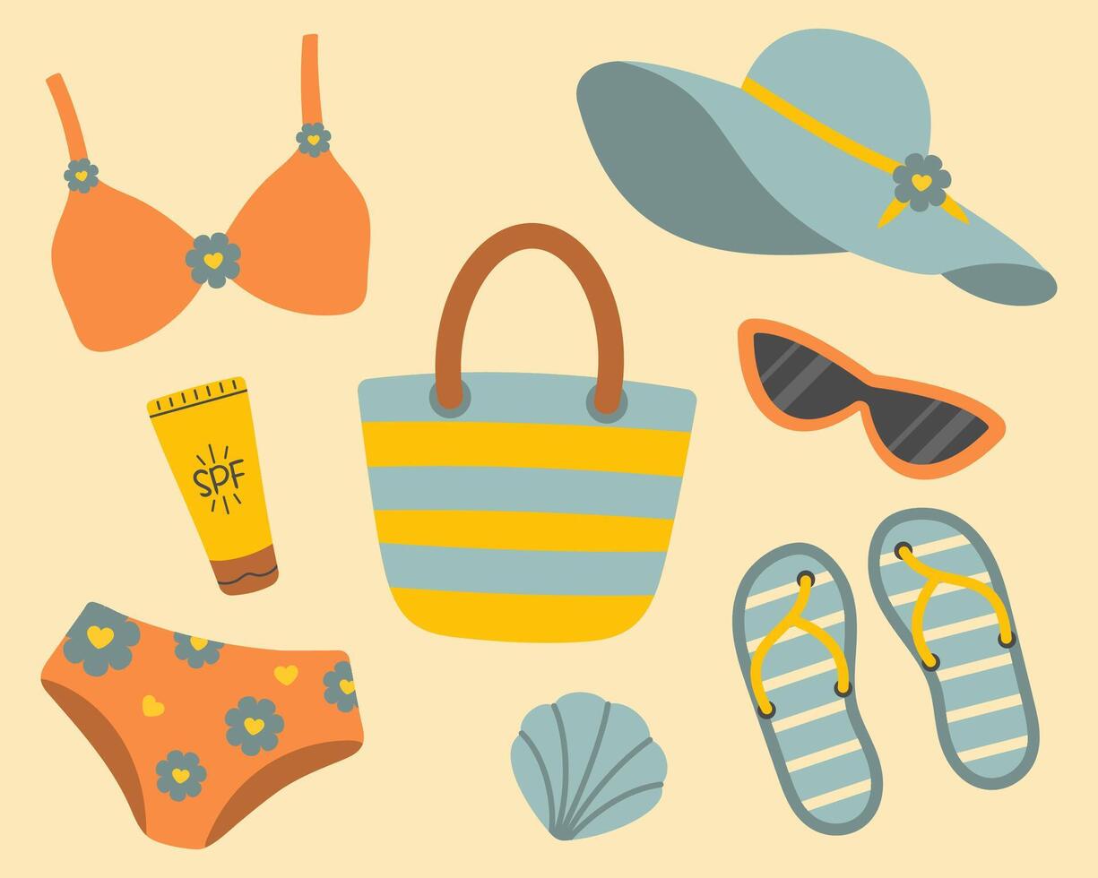 Summer set. Beach vacation essentials flat set. Summer travel outfit with swimsuit, flip flops, sunglasses, hat, sunscreen, beach bag, and shell. Colorful holiday elements vector