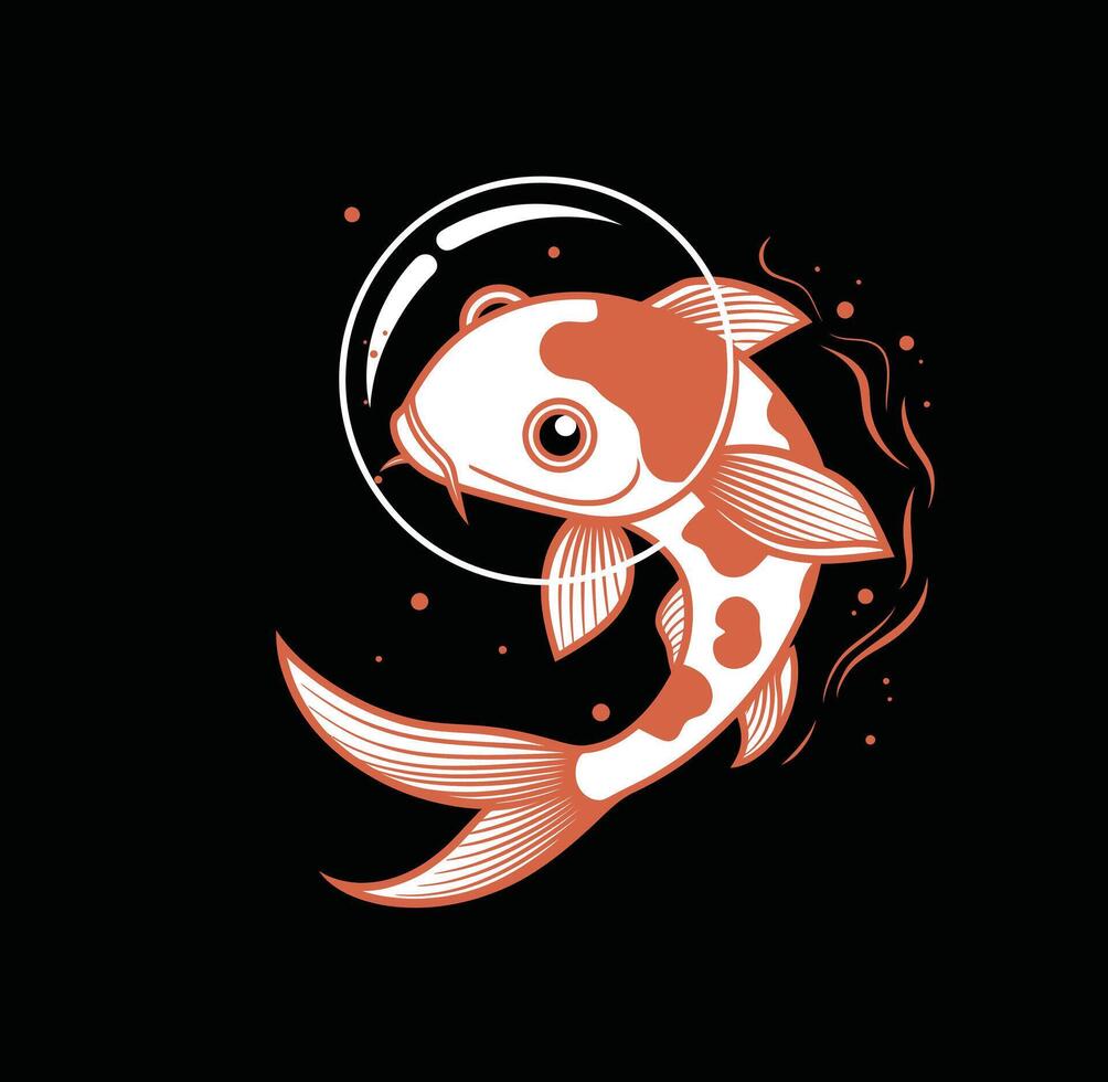 A cartoonish orange and white fish with a bubble helmet on its head. The fish is swimming vector