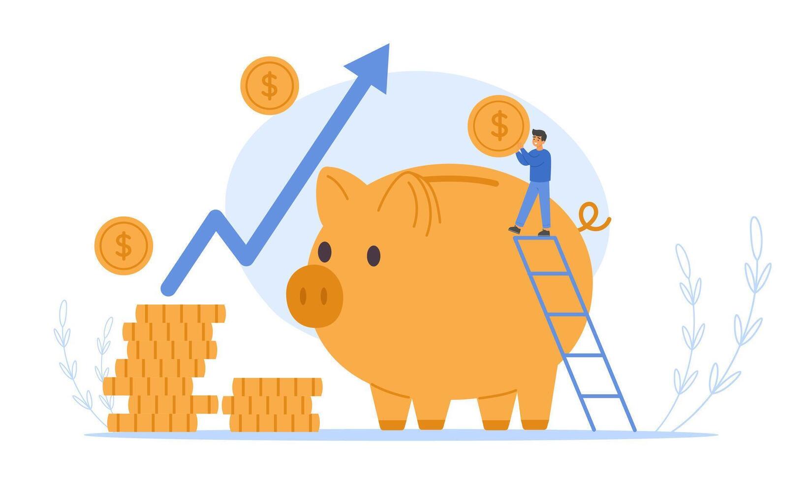 Man climbs stairs to place coin in large piggy bank. Financial savings growth vector