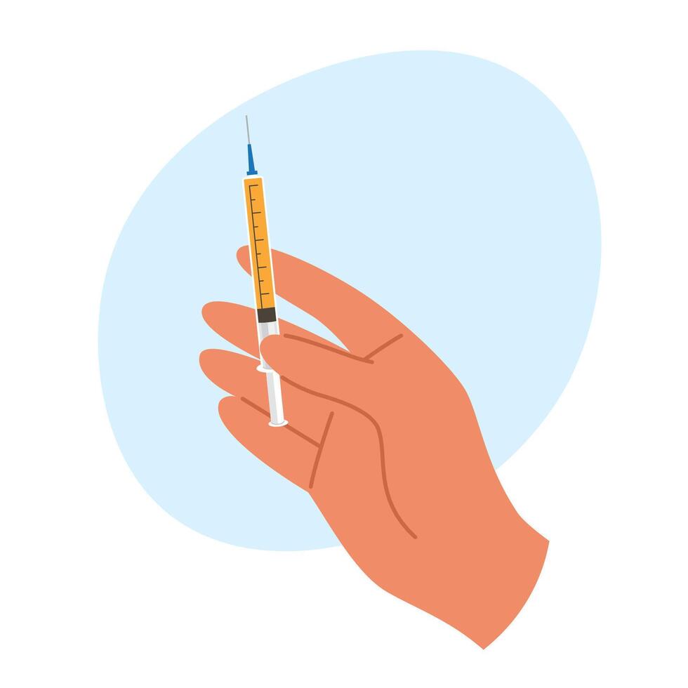Hands with a syringe with medicsl liquid, ready for injection. Health care vector