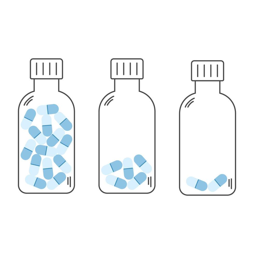 Set of three outlined medicine bottles filled with blue capsules in different quantities vector