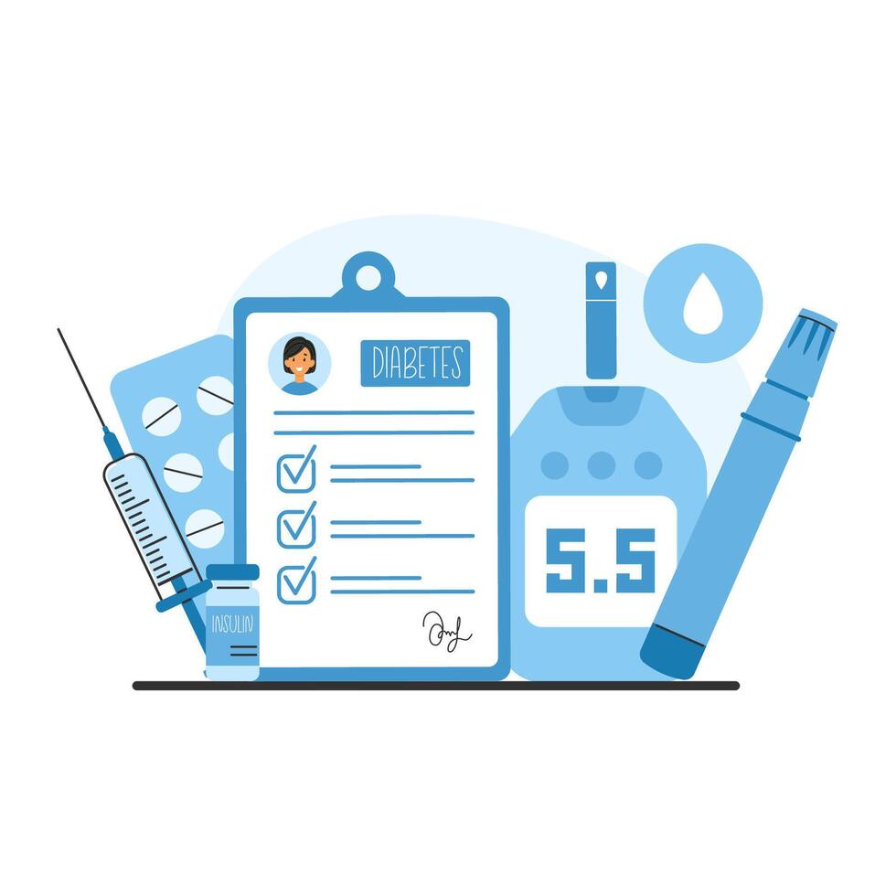 Medicine diabetes concept. Medical report or diagnosis card. Diabetic tools for people with diabetes vector