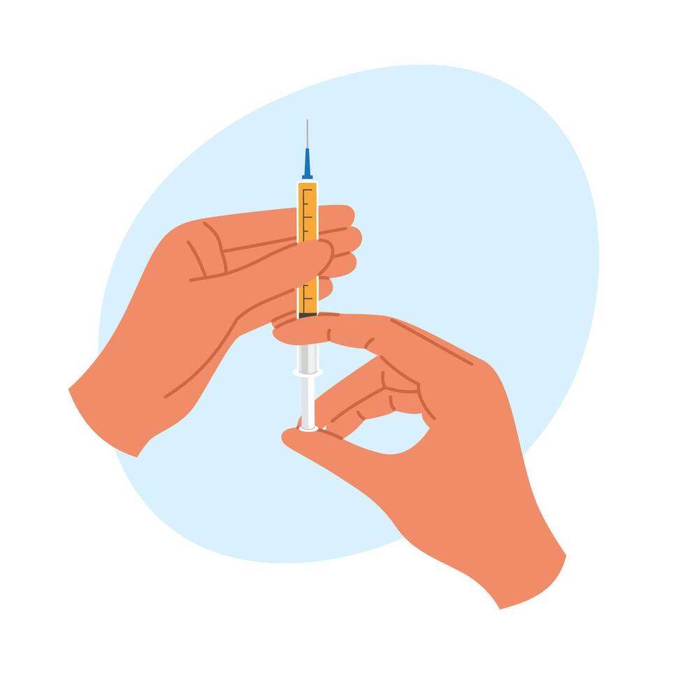 Hands handling a syringe with needle ready for injection. Medical treatment concept vector