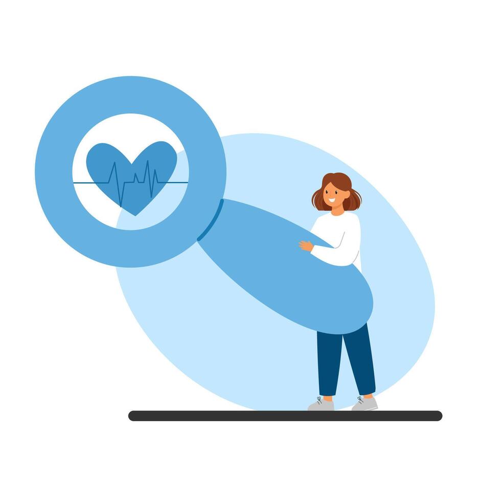 Woman holding a giant magnifying glass with a heart and ECG line inside. Healthcare, cardiology, heart disease prevention vector