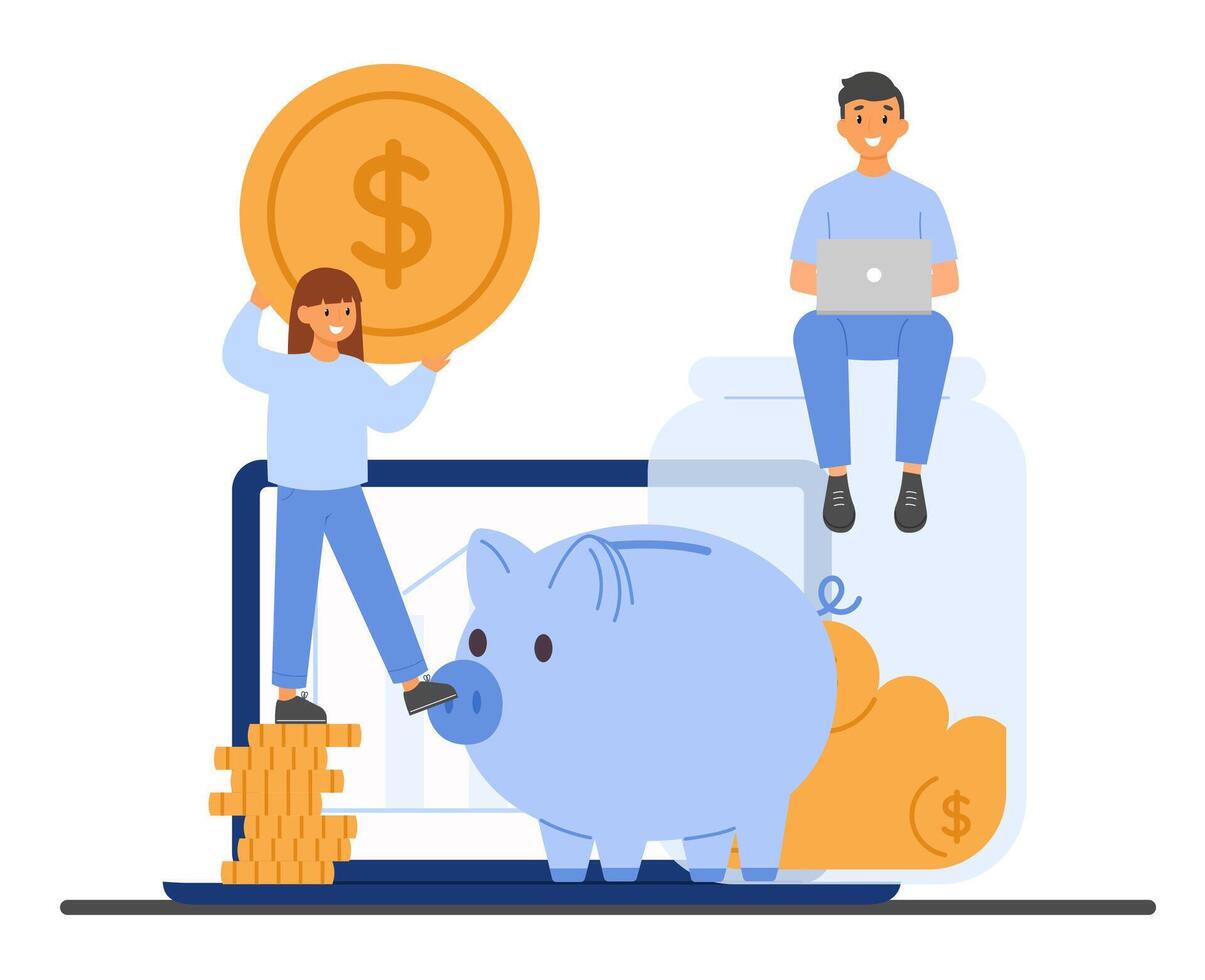 Financial teamwork concept man on jar with coins, woman with giant coin, sharing investment goals vector