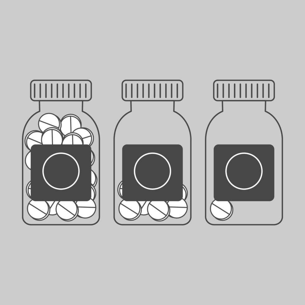 Three medicine bottles, each filled with different amounts of tablets, in a clean vector
