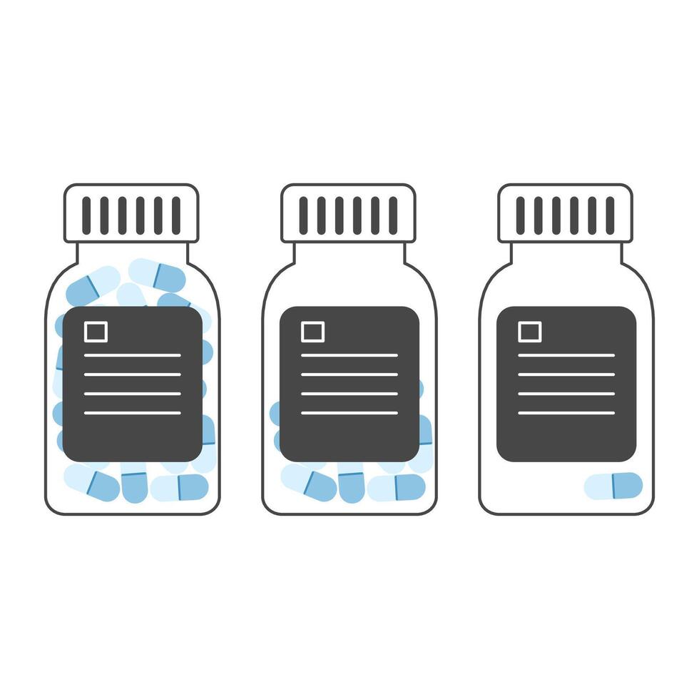 Outlined medical bottles containing blue capsules in different quantities vector