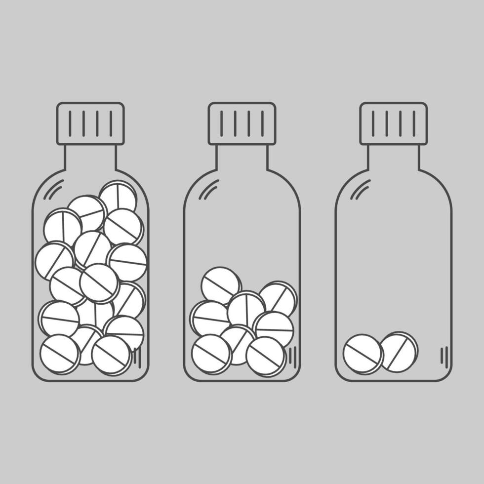 Set of medical pill containers with varying amounts of capsules inside vector