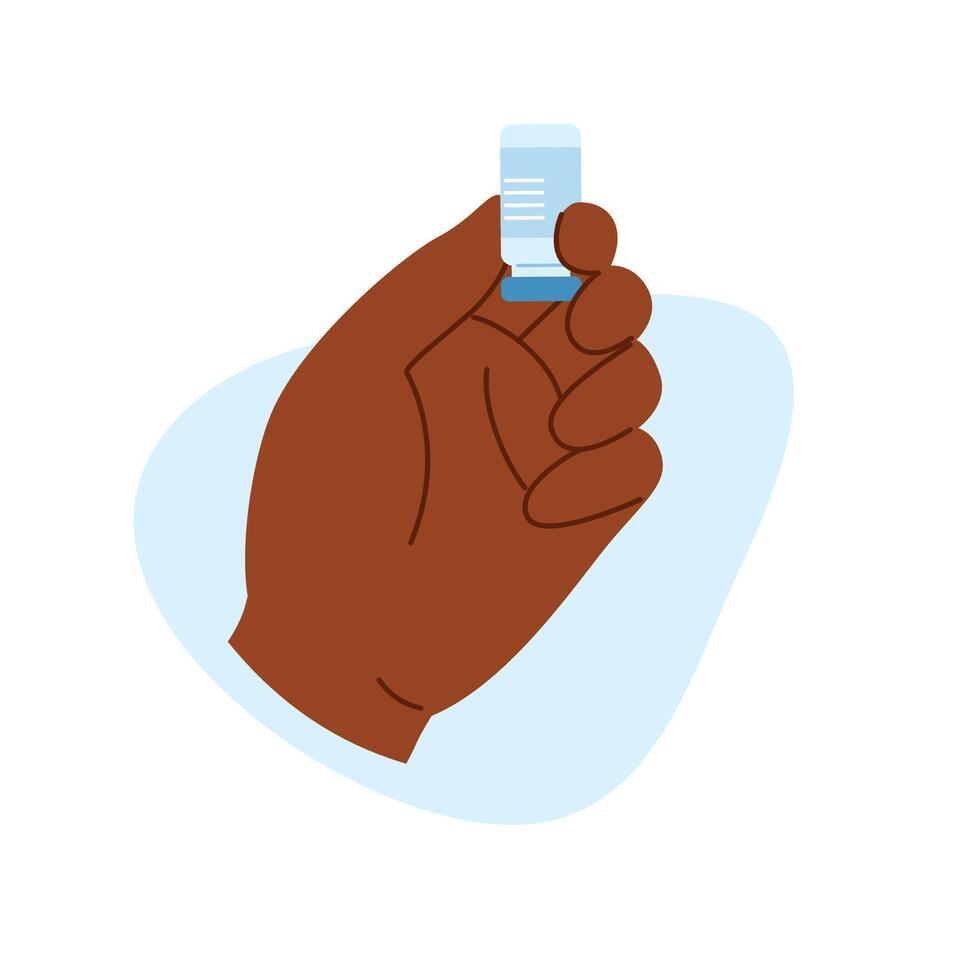 Flat illustration of african american hand holding ampoule for healthcare injection vector