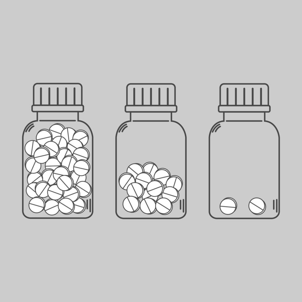 Collection of linear pill bottles filled with capsules, arranged in increasing and decreasing quantities vector