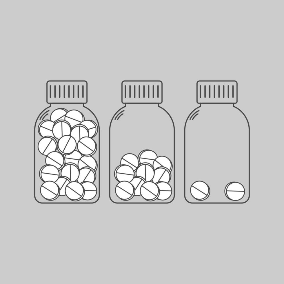 Transparent outlined bottles icons filled with pills, arranged in a minimalist style vector