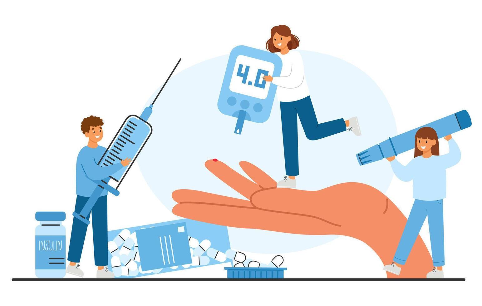 Diabetes management tools and people observing diabetic diet plan. Healthcare awareness and glucose monitoring vector