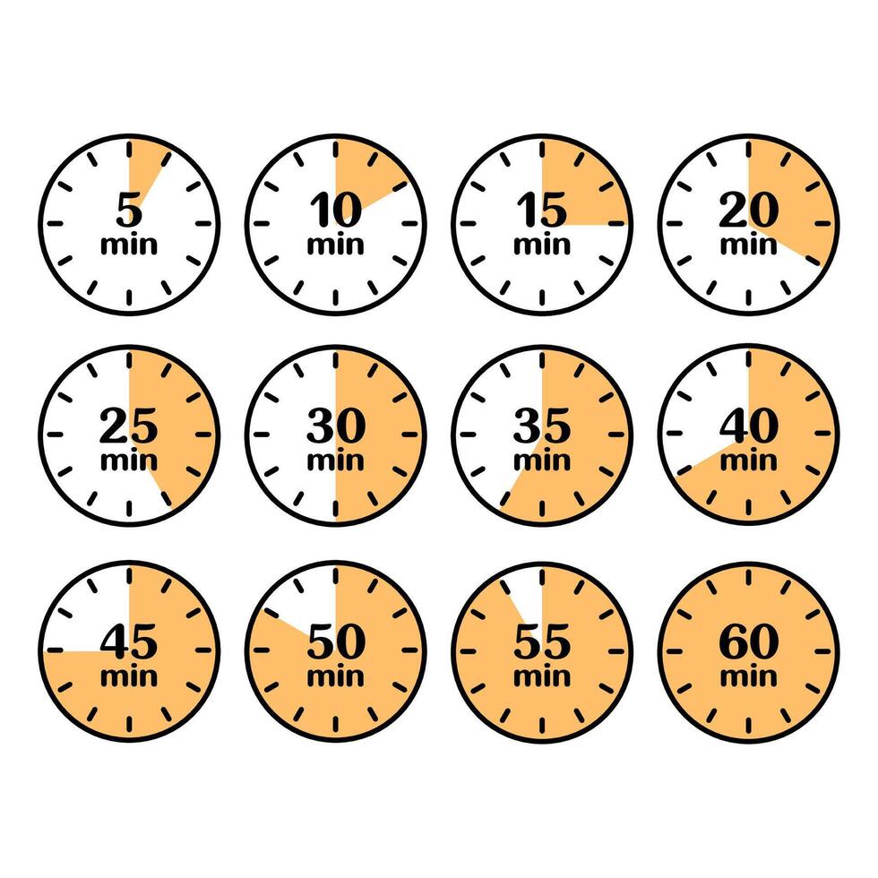 Countdown timer with minutes. Set of stopwatch icons with 5 minutes gap from 5 to 60 min vector