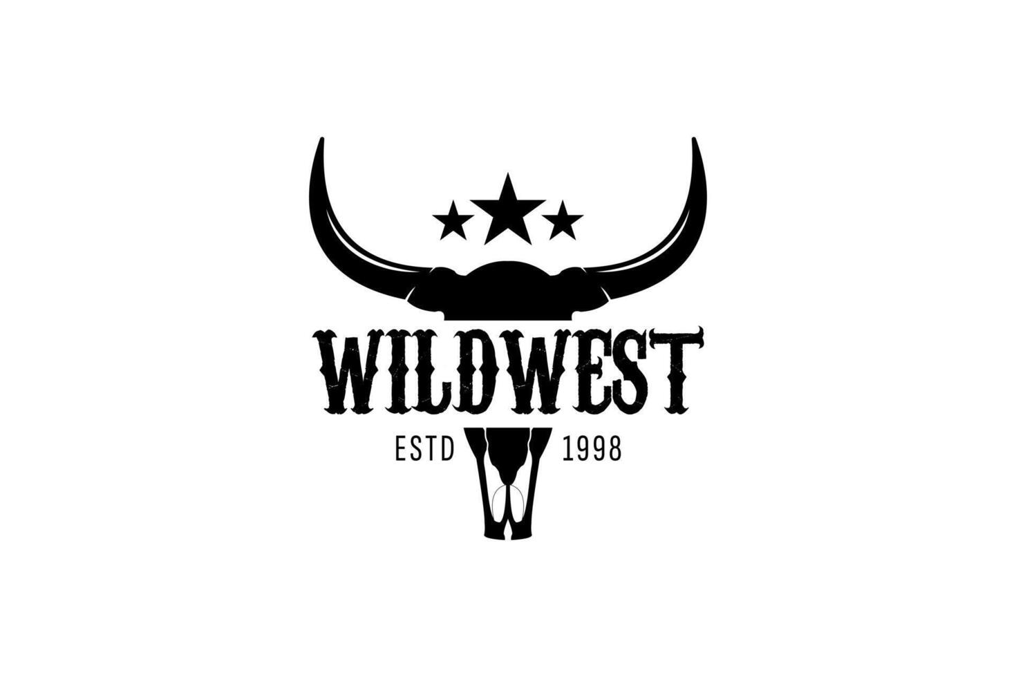 Vintage Wild West logo with bull skull and rustic typography. Perfect for western-themed brands and apparel. vector