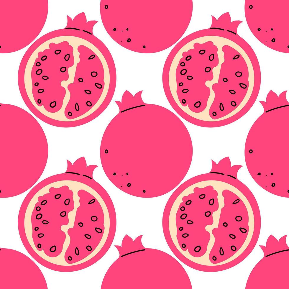 Seamless pattern Pomegranate red ripe fruit. Set of two pomegranates one whole and second halved. illustration on white background vector
