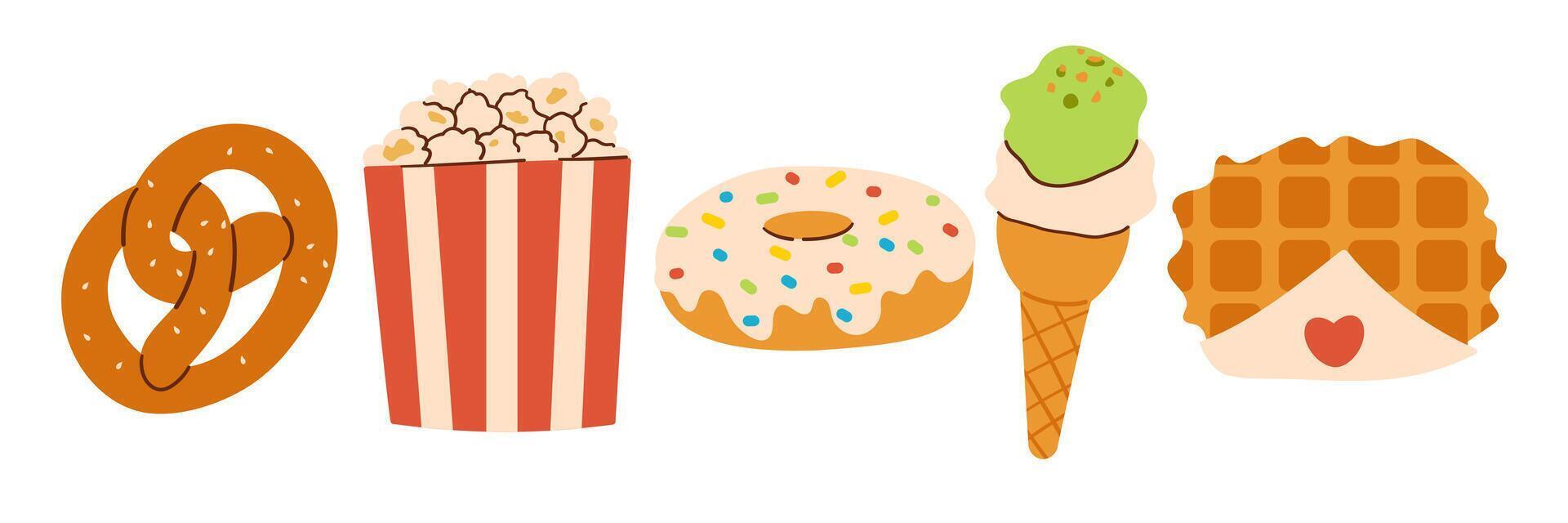 Fast food set. French fries, hamburger, hot dog, popcorn, shawarma, chips, pizza, donut etc. illustration of takeaway street food. vector