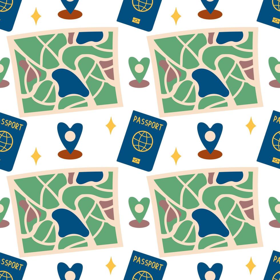 Seamless pattern with touristic stuff like passport plane and map. Endless texture about travel and tourism. Colored flat illustration isolated on white background vector
