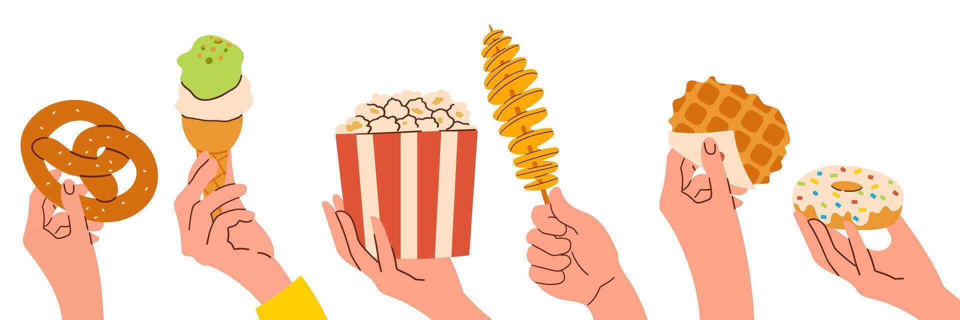 Hands holding fast food items on white background. illustration hand drawn flat street food illustration for banner , menu or poster card vector