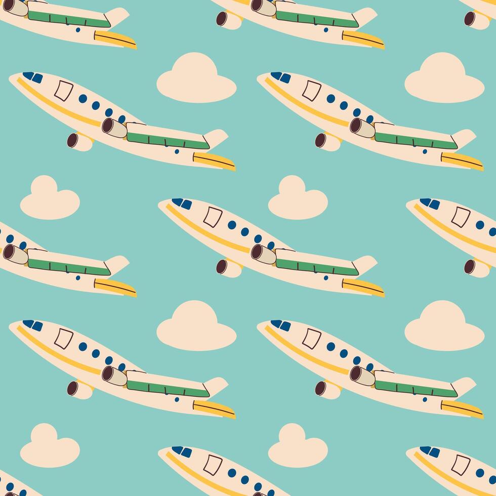 Hand Drawn Flying Airplanes Seamless Pattern Design on blue Background. Retro Vintage Style Plane Texture Background. Soaring Aerial Airship Vehicle Flying for Arrival Landing. Planes Texture. vector