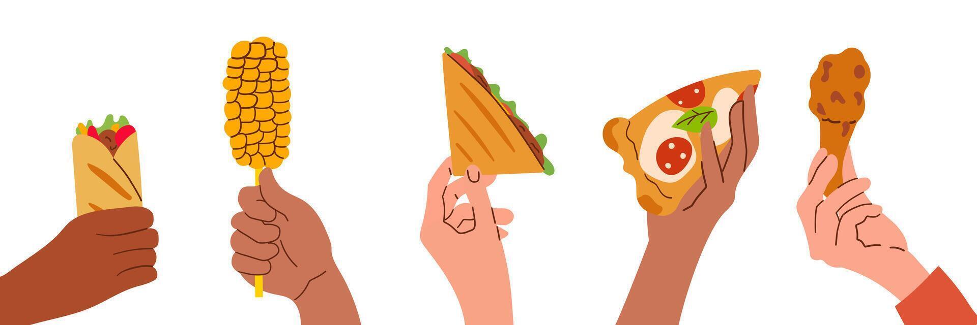 Fast food items on white background. illustration hand drawn flat street food illustration for banner , menu or poster card food design . vector