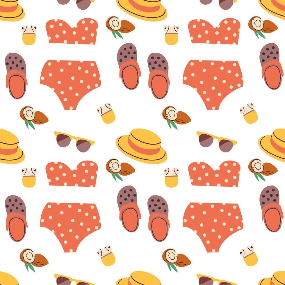 Vacation outfit, seamless pattern, accesories for beach and warm weather, illustration isolate on white background vector