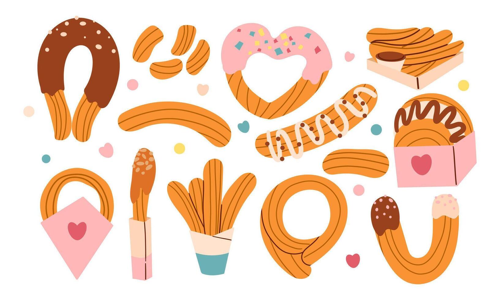Churros set illustration. Cartoon isolated sweet takeaway fast food collection with churro sticks in paper bags and packages with cups of chocolate sauces and dips, fried dessert on plate vector