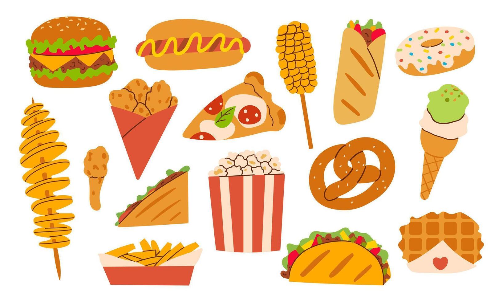 Fast food set. French fries, hamburger, hot dog, popcorn, shawarma, chips, pizza, donut etc. illustration of takeaway street food. Hand drawn illustration flat doodle style for menu ,banner vector