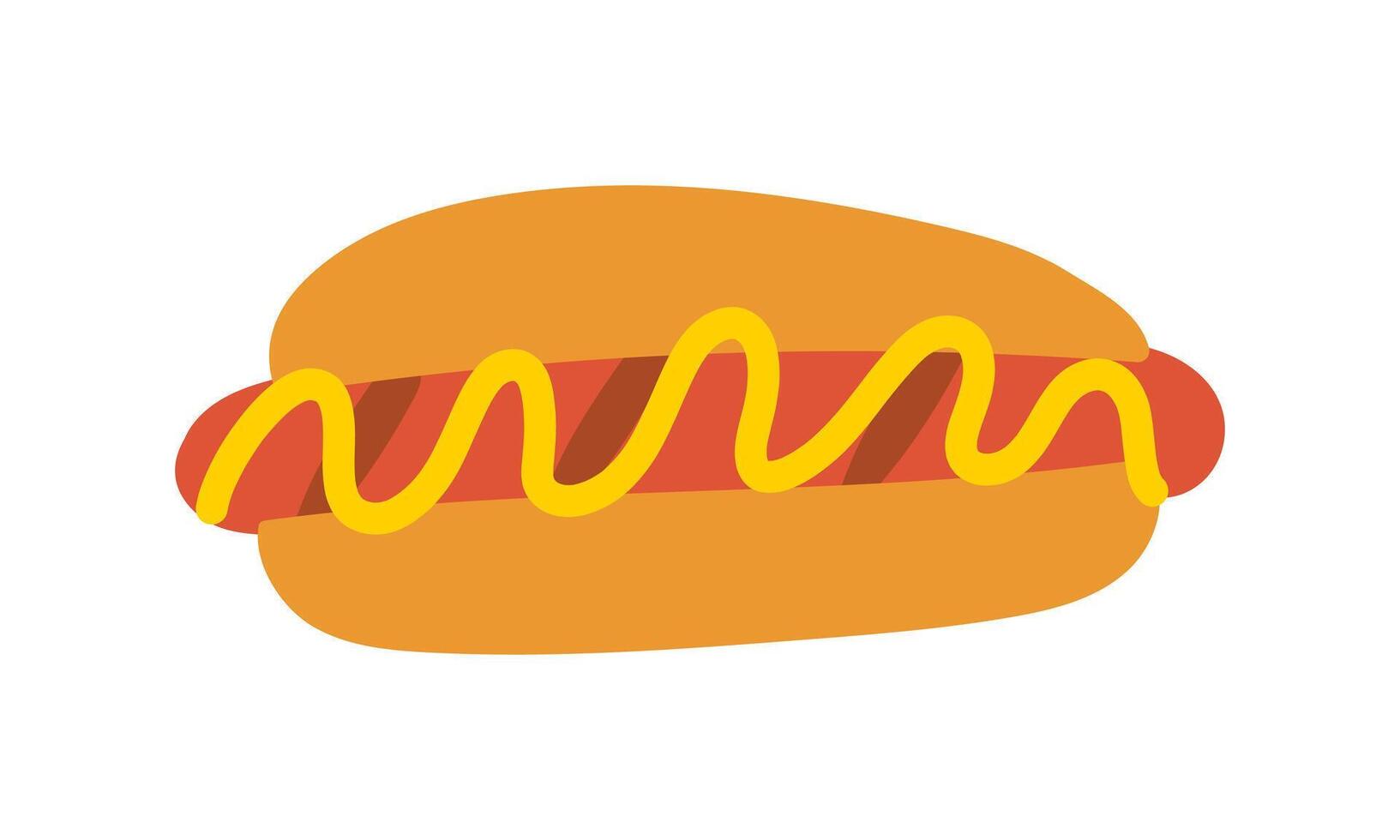 Hot dog with mustard isolated, flat illustration, fast food for poster, menus, brochure, web design hand drawn illustration street food . vector