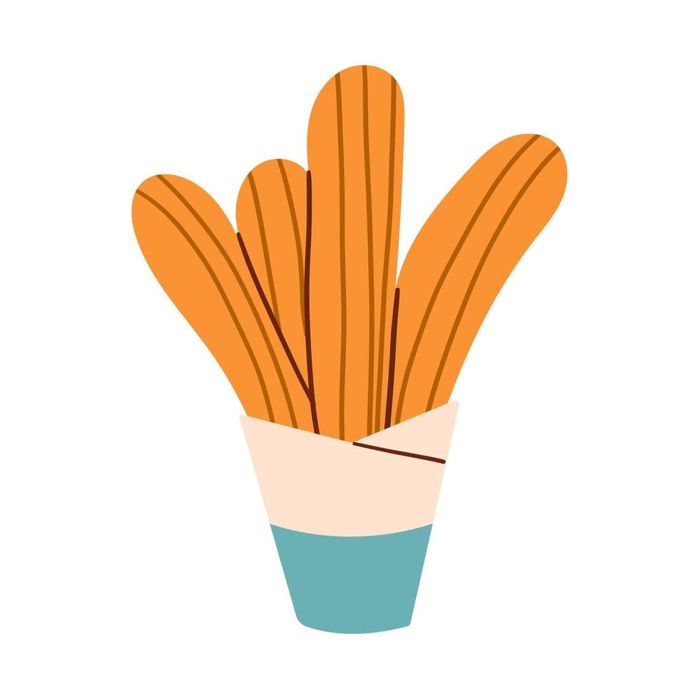 Churros icon. Illustration of traditional Spanish and Mexican sweet dessert and chocolate dip isolated on a white background. Hand drawn doodle illustration. vector