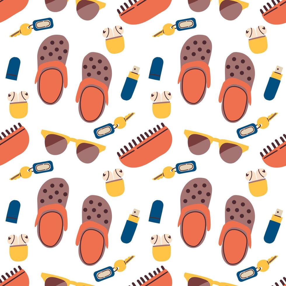 Vacation outfit, seamless pattern, accesories for beach and warm weather, illustration isolate on white background hand drawn illustration vector