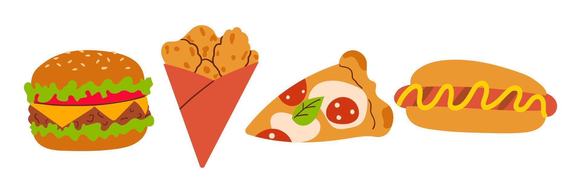 Fast food set. illustration of takeaway street food. Hand drawn illustration flat doodle style for menu ,banner vector