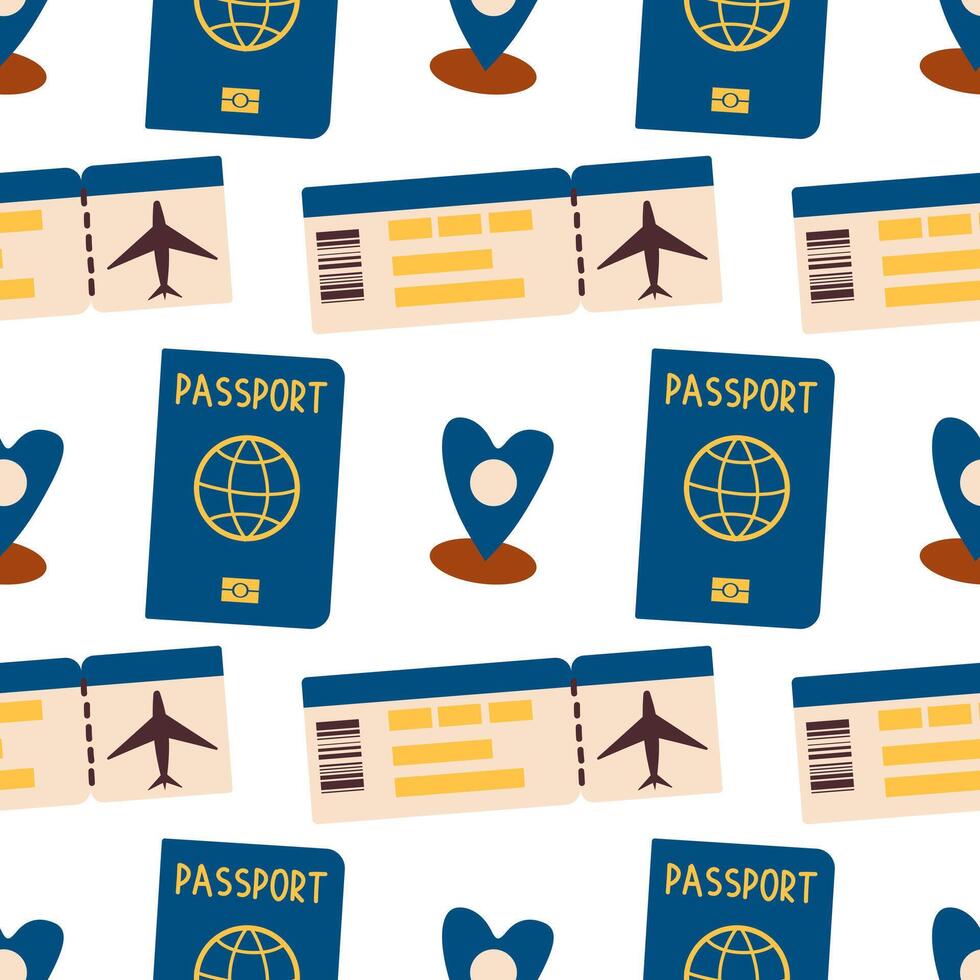 Seamless pattern with touristic stuff like passport plane and ticket . Endless texture about travel and tourism. Colored flat illustration isolated on white background vector