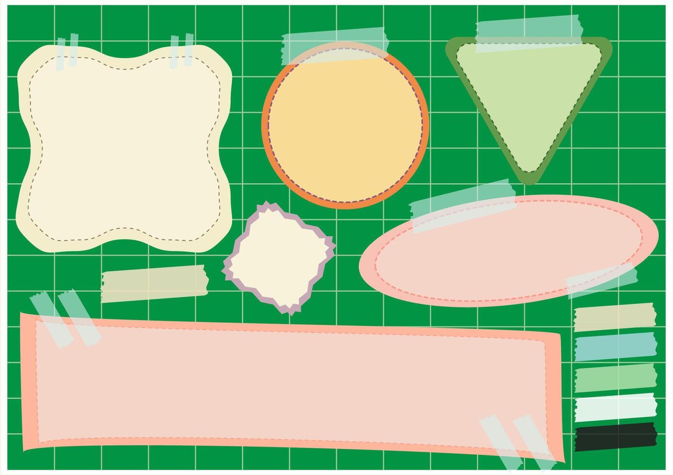 Shape and Form An artistic arrangement of paper elements, secured with tape, set against a green backdrop, offering an opportunity to insert customized messages, quotes, or information. vector