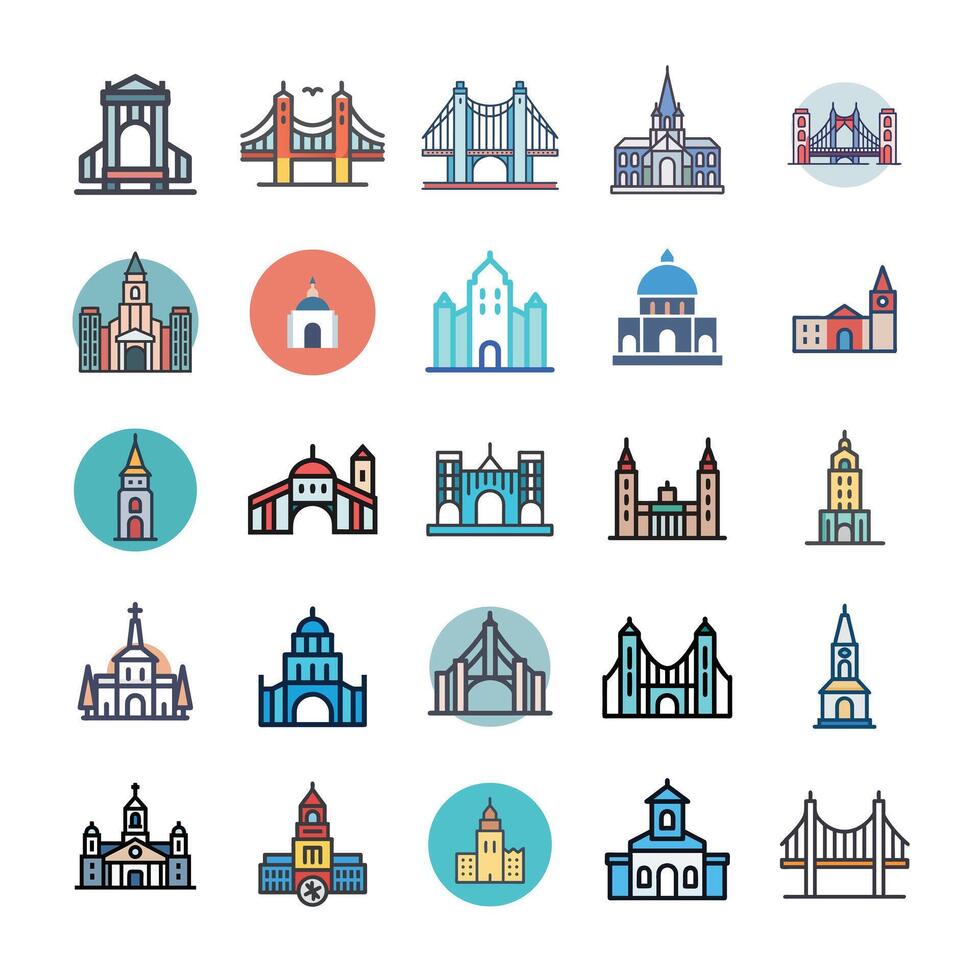 Building and bridge icon set vector