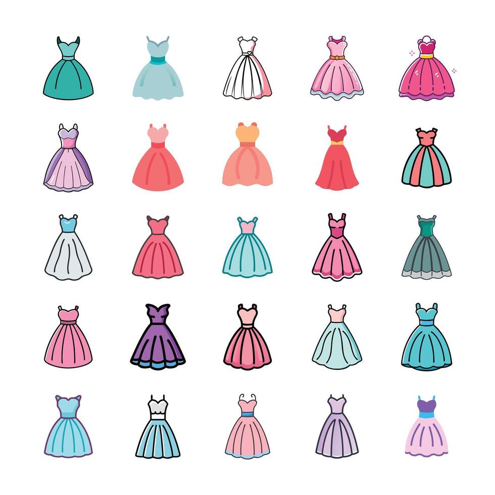 Beautiful ball gown icon set vector