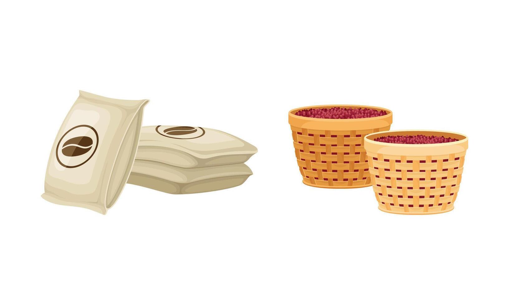 Burlap sack and basket of coffee beans. Coffee industry production illustration vector